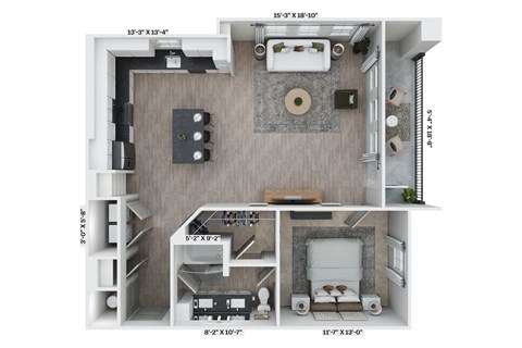 A floor plan of a small apartment with a kitchen, living room, and bathroom.